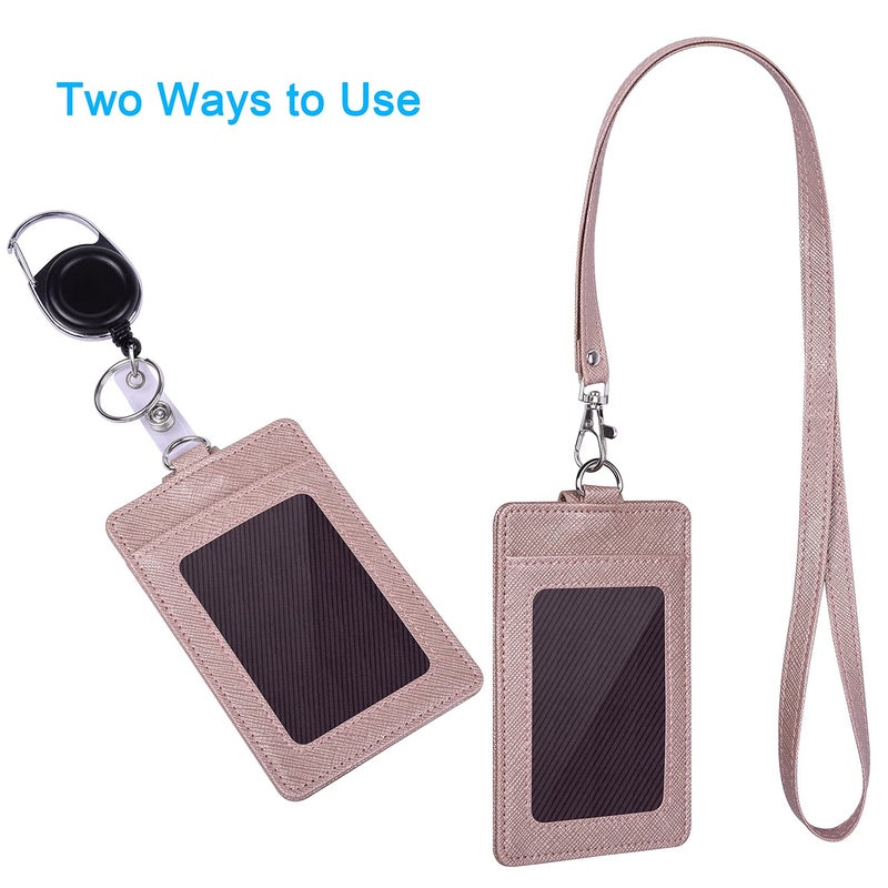 Wisdompro Retractable Badge Holder with Lanyard, Double Sided PU Leather ID Card Holder with Carabiner Badge Reel Clip and 18.8 inch Neck Lanyard - Rose Gold, Vertical - Image 5